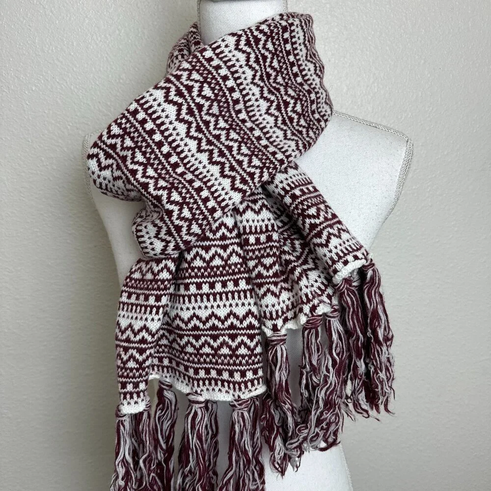 Long Scarf Nordic Style Burgundy ( Wine ) & White Fringe